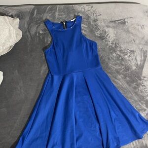 Elegant Blue Sleeveless Dress with Gold Rhinestone Neckline Size S/M